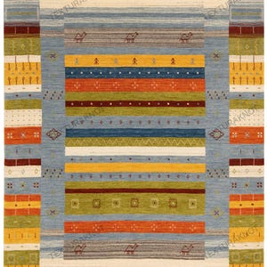 May include: A rectangular rug with a central design of horizontal stripes in blue, orange, yellow, and green. The rug has a cream-colored border with repeating geometric patterns and camel motifs. The rug's dimensions are not visible.