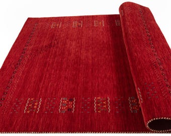 Handwoven Deep Red Wool Gabbeh Rug: Minimal Tribal Design