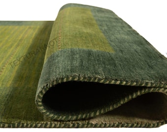 Handwoven Wool Gabbeh Rug: Green Modern Minimalist Design
