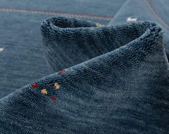 Handloom Blue Wool Rug: Gabbeh with Tribal Motifs, Handmade