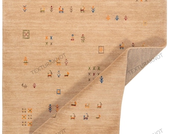 Alfombra Gabbeh de lana tejida a mano: Motivo tribal beige, decoración bohemia