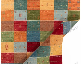 Handwoven Gabbeh Wool Patchwork Rug: Multicolor Tribal Design