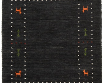 Handwoven Black Gabbeh Wool Rug | Tribal Border, Handmade Carpet