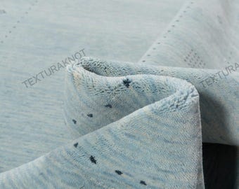 Handwoven Wool Gabbeh Rug: Minimalist Blue Dotted Border
