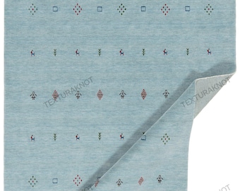 Handloom Wool Gabbeh Rug: Sky Blue Tribal Design