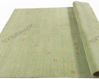 Handwoven Light Green Wool Gabbeh Rug: Minimal Tribal Design