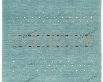 Handwoven Blue Wool Gabbeh Rug | Geometric Tribal Carpet