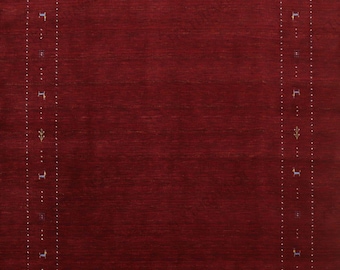 Tappeto di lusso in lana Gabbeh tessuto a mano rosso scuro 5x8 6x9 8x10 9x12 10x14 con motivi animali tribali, simboli di alberi e cornice a doppio bordo