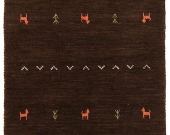 Handwoven Dark Brown Wool Gabbeh Rug | Minimalist Tribal Carpet
