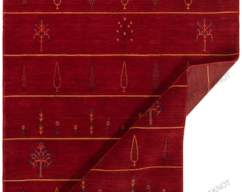 Handwoven Red Wool Gabbeh Rug: Tribal Tree Floral Design