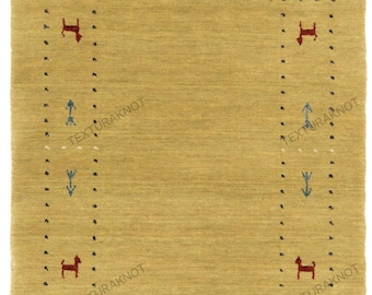 Handwoven Mustard Gabbeh Wool Rug | Minimalist Tribal Carpet