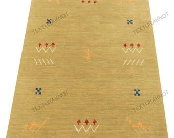 Handwoven Mustard Gabbeh Wool Rug | Minimal Tribal Design