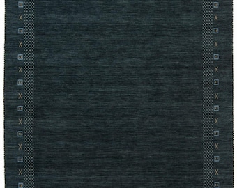 Handloom Teal Wool Rug: Geometric Border, Minimalist Design