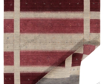 Handloom Gabbeh Wool Rug: Burgundy Beige Tribal Stripe Area Rug