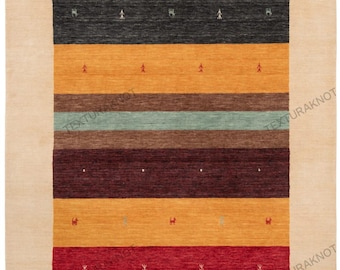 Handwoven Wool Gabbeh Rug: Earthy Stripes, Tribal Motifs