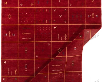 Handwoven Red Wool Gabbeh Rug: Tribal Geometric Design