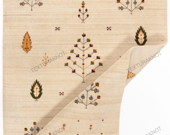 Alfombra Gabbeh de lana tejida a mano: Motivo de árbol color crema, decoración tribal bohemia