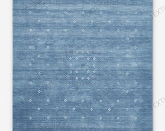 Sky Blue Handwoven Gabbeh Wool Rug 5x8 6x9 8x10 9x12 Modern Minimal Tribal Area Rug for Living Room Bedroom Scandinavian Home Decor