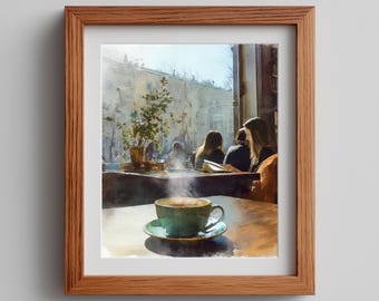 Rustic Watercolor Coffee Print: Cafe Scene, Cozy Art (Digital Download)