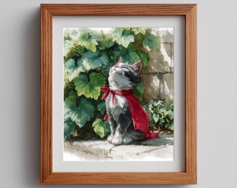 Cottagecore Cat Art Print: Watercolor Hero in Red Cape (Digital Download)