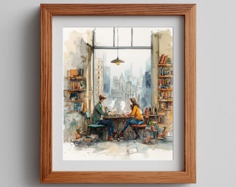 Watercolor Coffee Shop Print: Rustic Cafe Scene (Digital Download)