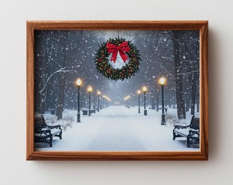 Festive Winter Wreath with Red Bow - Moody Snowy Park Path, Cozy Christmas Scene, Photography Wall Art, Printable Holiday Decor 401