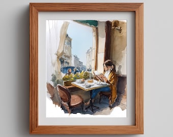 Vintage Cafe Watercolor Painting: Cozy Bistro Scene (Digital Download)