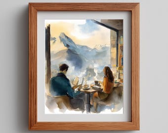 Coffee Shop Watercolor Painting: Urban Cafe Scene (Digital Download)