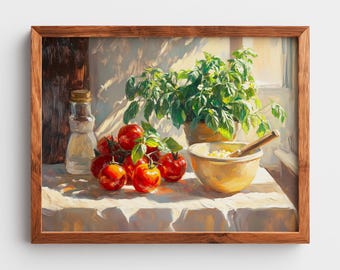 Rustic Still Life Print: Tomato & Basil Painting (Digital Download)