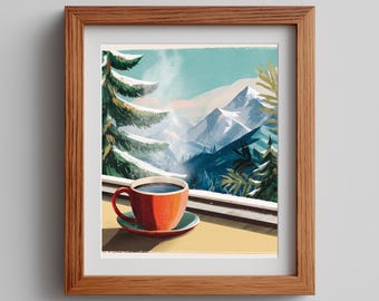 Vintage Holiday Travel Poster: Cozy Winter Mountain Scene (Digital Download)