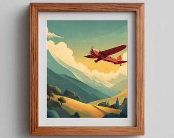 Vintage Red Airplane Print: Retro Travel Poster, Mountain Scenery (Digital Download)