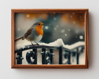 Cozy Robin on Snow-Dusted Wrought-Iron Fence - Rustic Winter Wall Art Print, Moody Festive Scene, Digital Photography Download 411