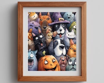 Spooky Halloween Collage - Cute Cartoon Cats, Dogs, and Ghosts in Costumes, Printable Festive Wall Art, Autumn Decor, Instant Download 81