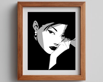 80s Woman Portrait Art: Minimalist Black and White Graphic (Digital Download)