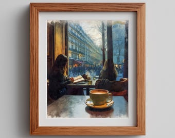Rainy Day Cafe Watercolor Painting: Paris Street Scene (Digital Download)