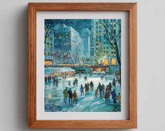 Vintage City Ice Skating Rink Watercolor Art Print (Digital Download)