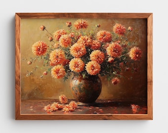 Vintage Chrysanthemum Vase Painting: Rustic Floral Art (Digital Download)