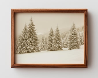 Printable Sepia-Toned Snowy Pines - Vintage Winter Landscape, Rustic Neutral Aesthetic Art, Cozy Sepia Digital Wall Decor 412