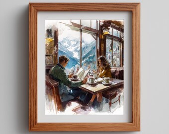 Cozy Cafe Watercolor Painting: Urban Scene, Couple Art (Digital Download)