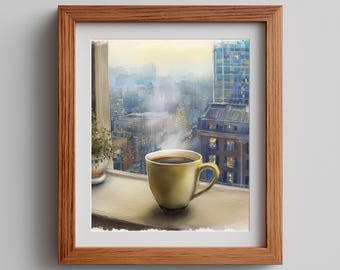 Urban Winter Mug Print: Watercolor Cityscape (Digital Download)