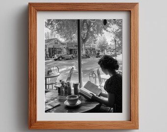 Cafe Reader Black & White Photography Print: Dark Academia Art (Digital Download)