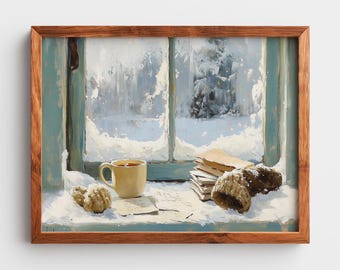 Winter Windowsill Art Print: Cozy Tea, Mittens, Book (Digital Download)