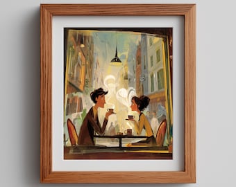 Cafe Couple Art Print: Moody Bistro Scene (Digital Download)