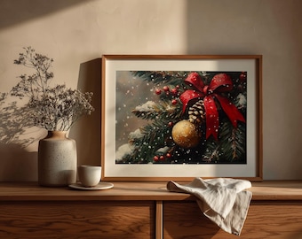 Christmas Tree Print: Rustic Evergreen Branch, Red Bow (Digital Download)