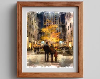 Autumn Family Stroll Watercolor Print: Golden Tree Art (Digital Download)