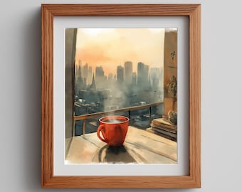 Winter Mug Watercolor Print: Cozy Urban Scene (Digital Download)