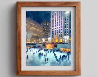 Winter City Ice Skating Watercolor Art Print (Digital Download)