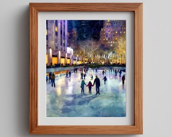 Winter Ice Skating Rink Art Print: Festive Family Scene (Digital Download)