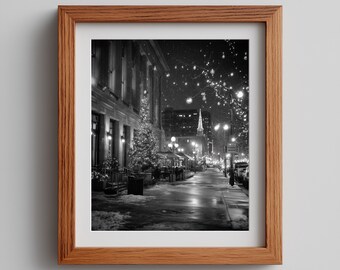 Christmas Night Street Print: Moody Black and White Holiday Decor (Digital Download)