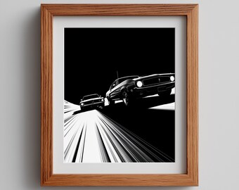 Muscle Car Race Art: Black & White Futuristic Print (Digital Download)
